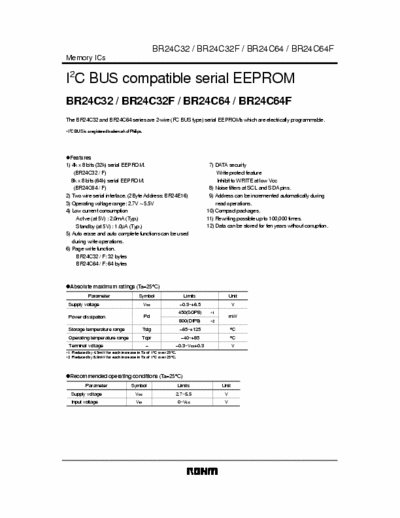 Rohm BR24C32F / BR24C64 / BR24C64F I2C BUS compatible serial EEPROM BR24C32 / BR24C32F / BR24C64 / BR24C64F